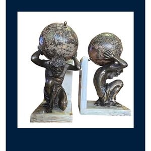 Vintage Atlas Bookends - Onyx Stone & Bronze Plaster Globe